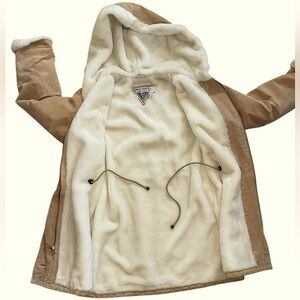 J. Percy for Marvin Richards Tan Leather Fur Lined Drawstring Hooded Coat